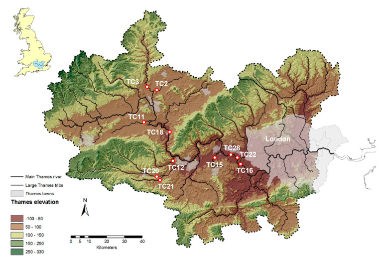 Figura 1 Mappa del bacino idrografico del Tamigi che mostra la posizione dei siti di campionamento di ciascuno degli 11 campioni forniti dall'UKCEH e i numeri di campioni associati utilizzati in questo studio. Le ubicazioni dei siti di campionamento si trovano lungo il fiume principale Tamigi e diversi affluenti.
