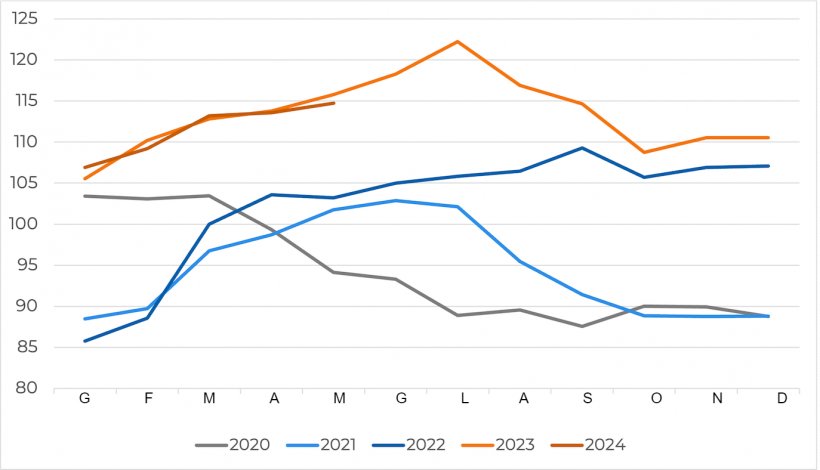 Evoluzione dell&#39;indice FAO dei prezzi delle carni suine. Fonte FAO.
