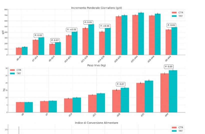 Figura 2. Effetto della supplementazione di muramidasi microbica sull’IPG e Peso vivo dei suinetti nella fase di svezzamento.