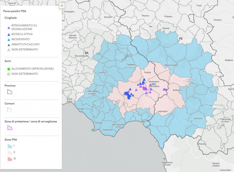 Distribuzione geografica dei casi e focolai di PSA confermati nei suini selvatici e domestici in base al contesto di prelievo