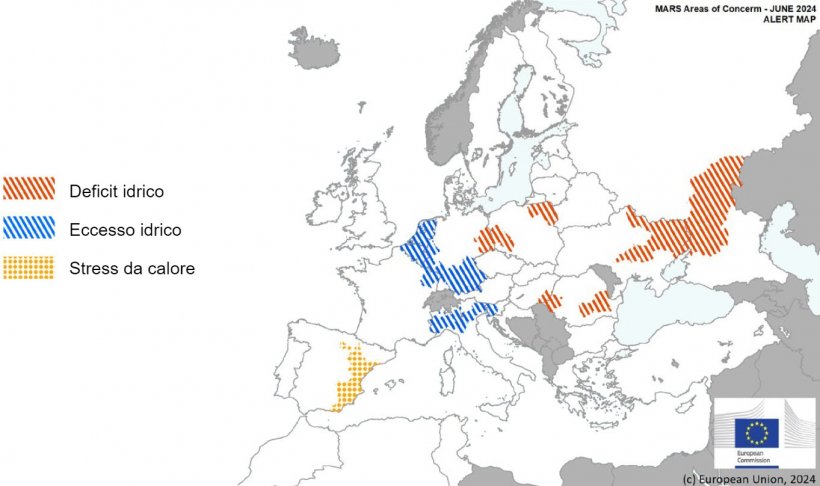 Mappa 1. Eventi climatici estremi in Europa dal 1&deg; maggio 2024 al 15 giugno 2024 (fonte: MARS Bulletin 24/06/2024).

