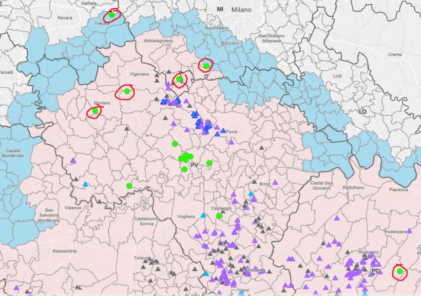 Le palline verdi sono i casi nei suini, quelle evidenziate con un circolo rosso sono gli ultimi 6 casi confermati nel mese di luglio 2024
