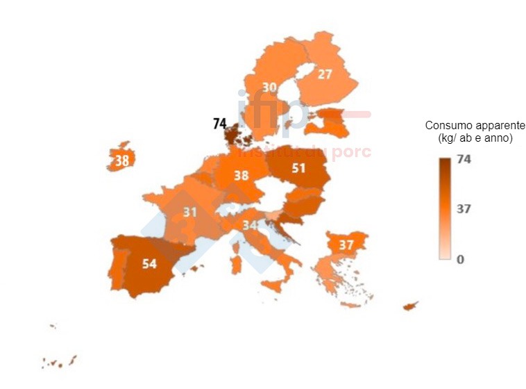 Consumo apparente di carne suina nel 2023 nell&#39;UE-27 Fonte: Elaborazione Ifip&nbsp;a partire da&nbsp;dati JRC.
