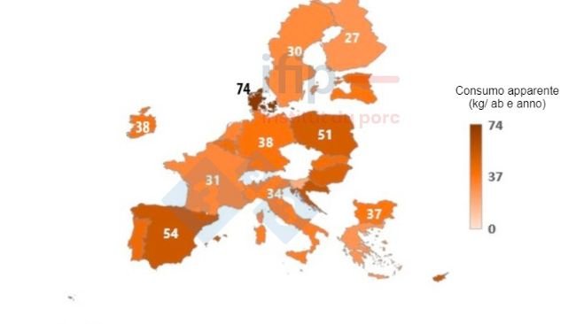 Consumo apparente di carne suina nel 2023 nell&#39;UE-27 Fonte: Elaborazione Ifip&nbsp;a partire da&nbsp;dati JRC.
