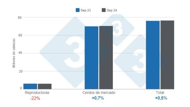 Grafico 1. inventario dei suini negli Stati Uniti con cut-off al 1° settembre 2024, variazioni annuali. Preparato dal Dipartimento di Economia e Market Intelligence di 333 America Latina con dati USDA - NASS.