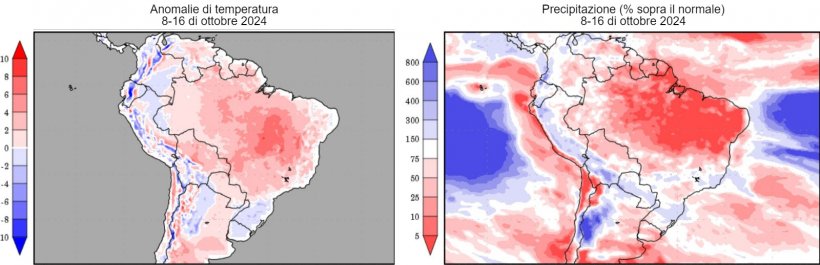 Previsioni climatiche nell&#39;emisfero sud (fonte: Grads/Cola). Temperatura normale basata sulle registrazioni&nbsp;CRU tra il 1901 e il 2000. Precipitazioni normali derivate da Xie-Arkin (CMAP) tra il 1979 e il 2003.
