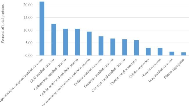 Fig 1. Percentuale di proteine epatiche (su tutte le 329 proteine identificate; Tabella S1) raggruppate in base a diversi processi biologici.