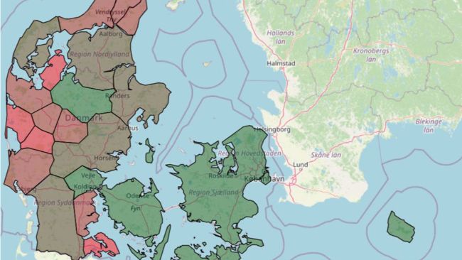 Figura 1: Prevalenza (%) di allevamenti&nbsp;danesi con status&nbsp;di salute positivo alla PRRS per regione a gennaio 2025
