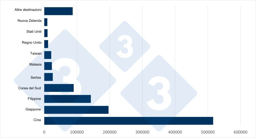 Principali destinazioni delle esportazioni spagnole di carne suina e frattaglie congelate verso paesi terzi nel 2024. Fonte: 333 sulla base dei dati del UE Pigmeat Trade Data.
