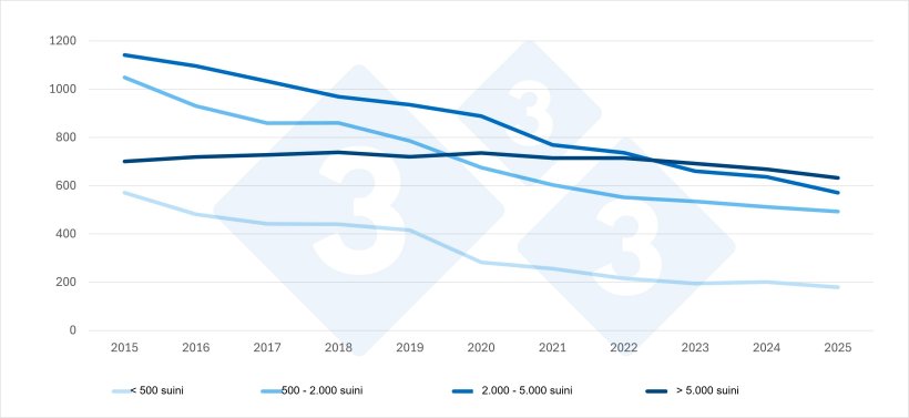 Evoluzione degli allevamenti di suini nei Paesi Bassi per dimensione (2015-2025*). Dati provvisori per il 2025. Fonte: CBS Agricultural Census.