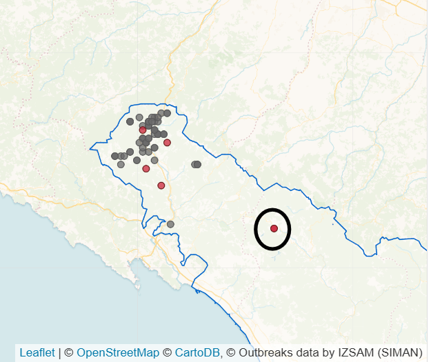 Positività riscontrata psa nei cinghiali in Toscana. Nel circolo nero l'ultimo focolaio a Piazza al Serchio (Lucca). Fonte: https://www.izs.it/BENV_NEW/datiemappe.html