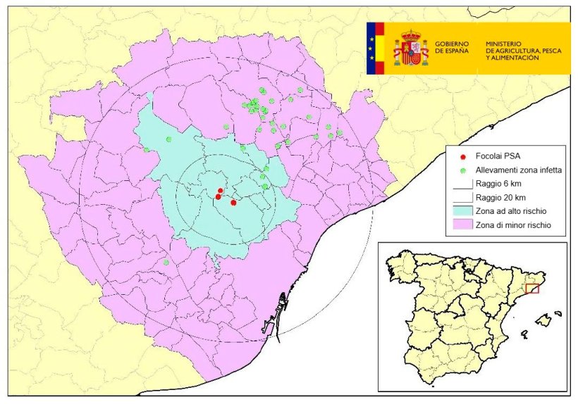 Ubicazione delle aziende&nbsp;soggette a restrizioni all'interno dell'area infetta, con comuni in zone ad alto e basso rischio. (Fonte: MAPA)
