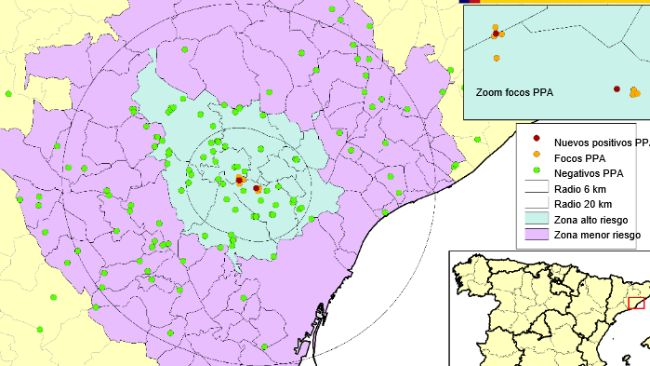 Localizzazione dei 9 focolai nei cinghiali e dei cinghiali morti risultati negativi rilevati in Catalogna (Fonte: MAPA).