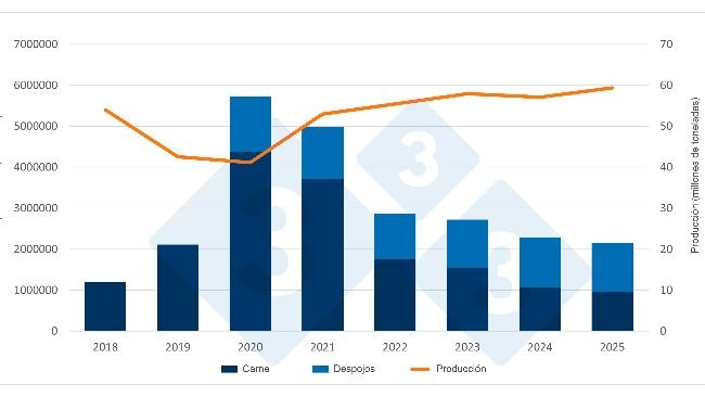 Evoluzione delle importazioni e della produzione di carne suina cinese. Fonte: 333, basata sui dati dell'Ufficio Nazionale di Statistica Cinese e del Ministero dell'Agricoltura.