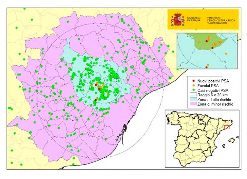 Mappa 1: Localizzazione dei 20 focolai nei cinghiali e dei cinghiali catturati o trovati morti negativi rilevati in Catalogna (Fonte: MAPA).