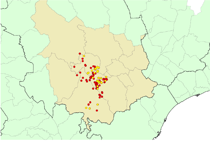 Ubicazione dettagliata dei 142 casi di cinghiale rilevati in Catalogna. Cerchio giallo: nuovi focolai segnalati. Cerchio rosso: casi di focolai precedenti (Fonte: Dipartimento dell'Agricoltura, dell'Allevamento, della Pesca e dell'Alimentazione)
