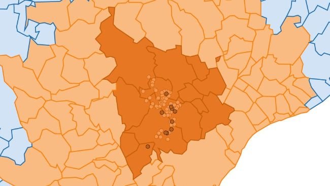 Ubicazione dettagliata dei 155 casi di cinghiale rilevati nell'area infetta. Cerchio chiaro: casi di precedenti focolai. Cerchio scuro: nuovi casi segnalati (Fonte: Dipartimento dell'Agricoltura, dell'Allevamento, della Pesca e dell'Alimentazione).