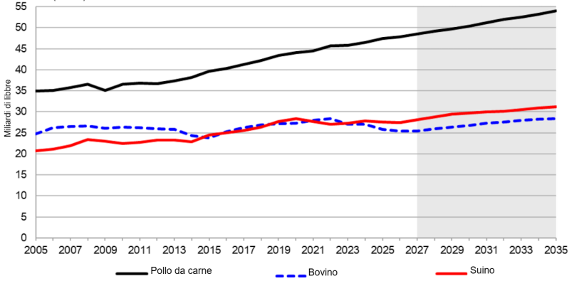 Produzione di prodotti animali negli Stati Uniti, 2005-2035. Fonte: USDA.
