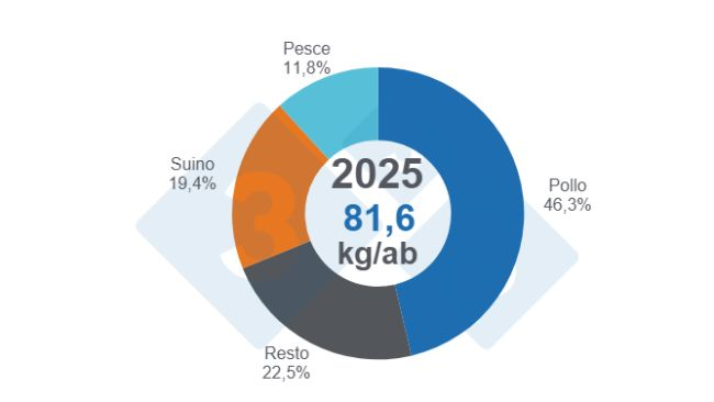Figura 1: Quota di consumo di proteine animali (manzo, suino, pollo e pesce) sul consumo totale nel 2025.
Elaborato e calcolato dal Dipartimento di Economia e Sostenibilità di 333 America Latina con dati provenienti da Fenavi, Fedegan, Porkcolombia e Fedeacua.
