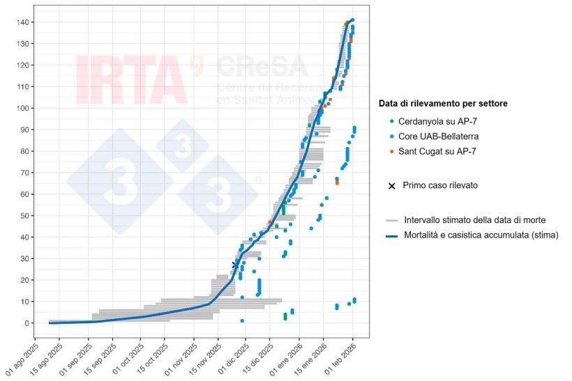 Figura 2. Ricostruzione temporale della mortalit&agrave; e dei casi di peste suina africana (PSA) nei cinghiali durante l'epidemia di Collserola. Le linee orizzontali grigie rappresentano gli intervalli di mortalit&agrave; stimati per ciascun animale. I punti indicano la data in cui &egrave; stata rilevata la carcassa o l'animale malato. Il colore di ciascun punto identifica l'area geografica in cui &egrave; stato effettuato il ritrovamento (verde, area AP7 di Cerdanyola Sud; blu, area del campus di Bellaterra-UAB; e arancione, area AP7 di Sant Cugat Sud). La croce indica il primo caso rilevato. La linea blu rappresenta la curva cumulativa della mortalit&agrave; e dei casi di PSA.
