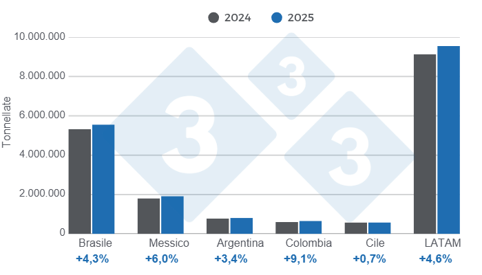 Grafico 2: Produzione di carne suina nel 2025 per i principali paesi dell'America Latina e totale regionale, variazioni annuali.&nbsp;

Elaborato dal Dipartimento di Economia e Sostenibilit&agrave; di 333 America Latina con dati provenienti da IBGE, SIAP, SAGyP, Porkcolombia e ODEPA
