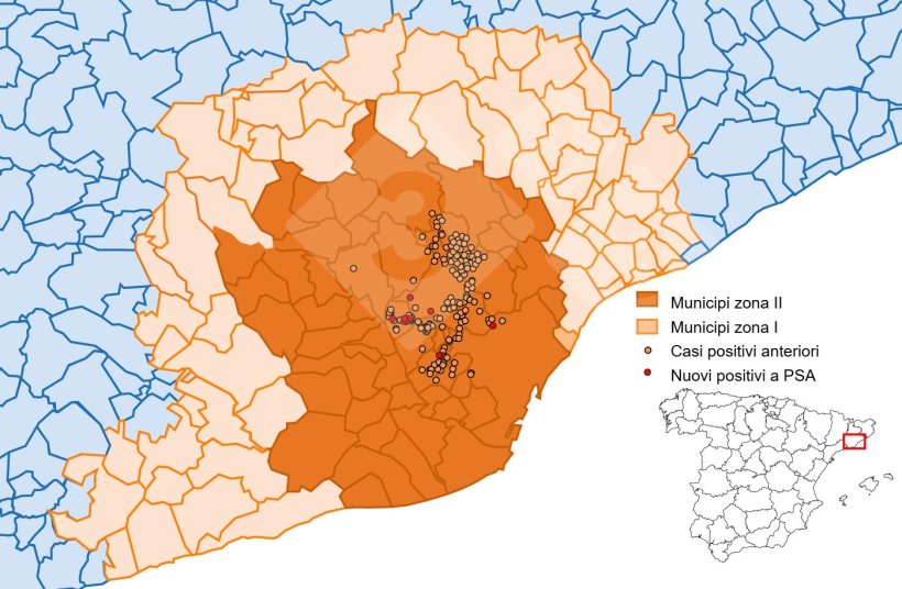 Localizzazione dettagliata dei casi di cinghiale rilevati nella zona ristretta II (settimana 18). Fonte: 333 sulla base dei dati di MAPA e SVO.
