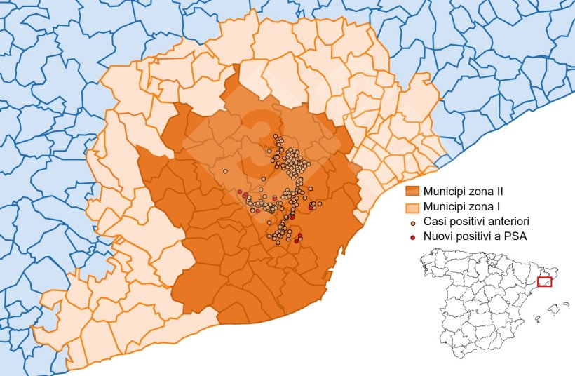 Localizzazione dettagliata dei casi di cinghiale rilevati nella zona ristretta II (settimana 20). Fonte: 333 sulla base dei dati di MAPA e SVO.
