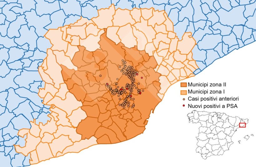Localizzazione dettagliata dei casi di cinghiale rilevati nella zona ristretta II (settimana 23). Fonte: 333 sulla base dei dati di MAPA e SVO.
