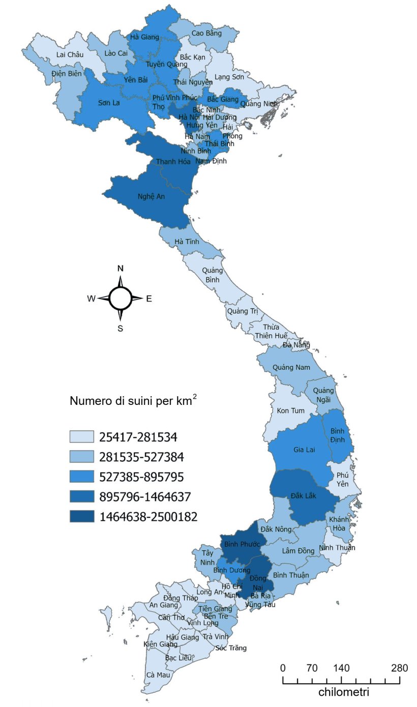 Mappa che mostra la densità della popolazione suina in Vietnam nel 2023. Chuong, V et al, 2025