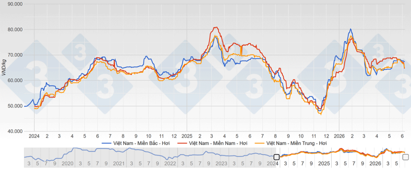 Prezzi del suino nei tre principali mercati del Vietnam (dong vietnamita/kg di peso vivo).