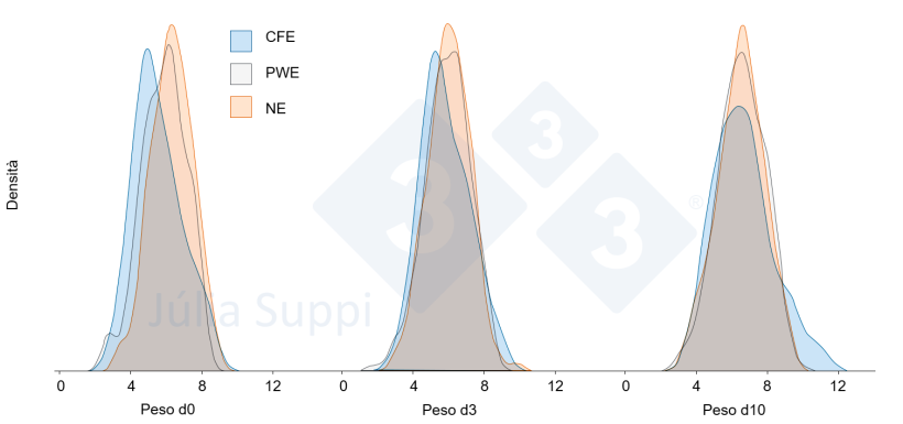 Figura 1. Distribuzioni del peso corporeo (kg) nei suinetti classificati come consumatori di creep-feed (CFE), consumatori dopo lo svezzamento (PWE) e non consumatori&nbsp;(NE).
