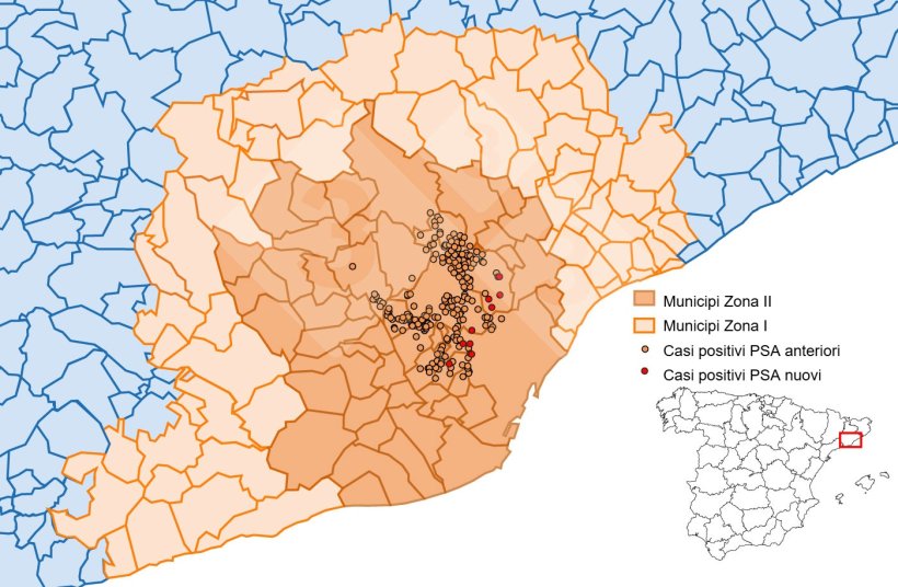 Localizzazione dettagliata dei casi di cinghiale rilevati nella zona ristretta II (settimana 26). Fonte: 333 sulla base dei dati di MAPA e SVO.
