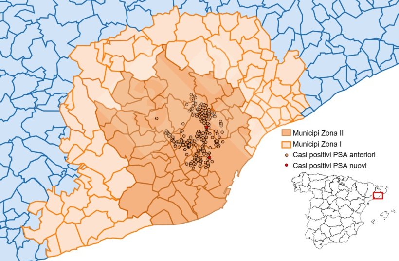 Localizzazione dettagliata dei casi di cinghiale rilevati nella zona ristretta II (settimana 29). Fonte: 333 sulla base dei dati di MAPA e SVO.