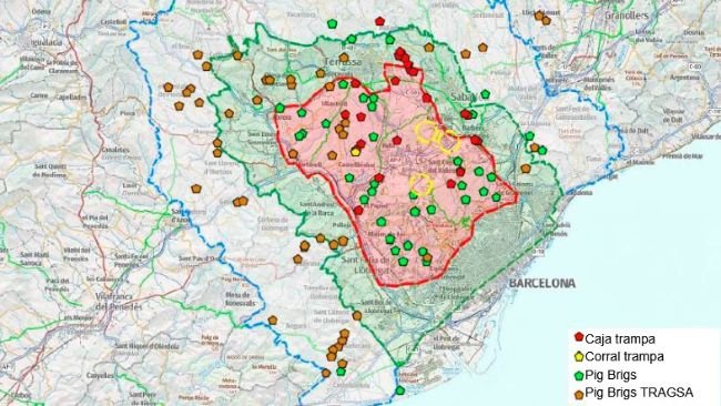 Posizione delle trappole, Pig Briggs e recinti di cattura al 7 luglio 2026 (Fonte: Cos d'Agents Rurals. Generalitat de Catalunya.)