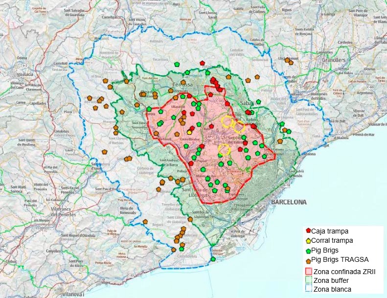 Posizione delle trappole, Pig Briggs e recinti di cattura al 7 luglio 2026 (Fonte: Cos d'Agents Rurals. Generalitat de Catalunya.)