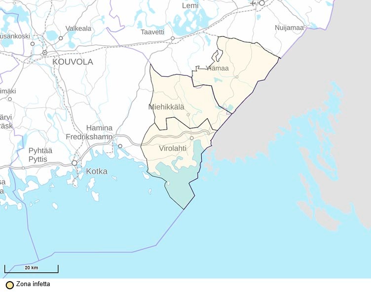 Mappa dell'area infetta soggetta a restrizioni. Fonte: Ruokavirasto.
