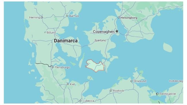 Lolland è la quarta più grande isola della Danimarca (Lalandia). La linea trattegiatta in rosso è Lolland.