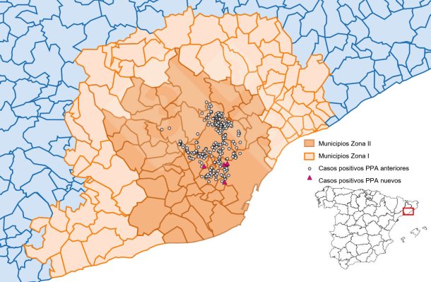 Localizzazione dettagliata dei casi di peste suina africana (PSA) nei cinghiali rilevati nella zona ristretta II (settimana 34). Fonte: 333 sulla base dei dati di MAPA e SVO.
