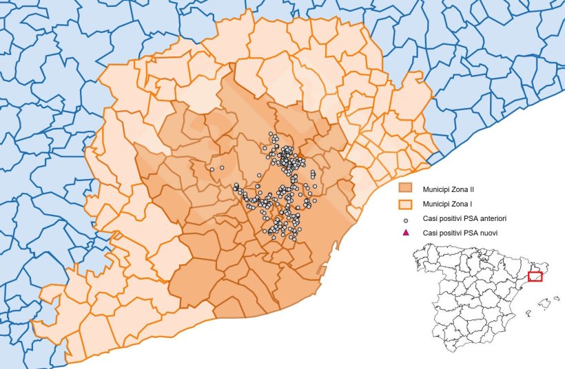 Localizzazione dettagliata dei casi di peste suina africana (PSA) nei cinghiali rilevati nella zona ristretta II (settimana 35). Fonte: 333 sulla base dei dati di MAPA e SVO.
