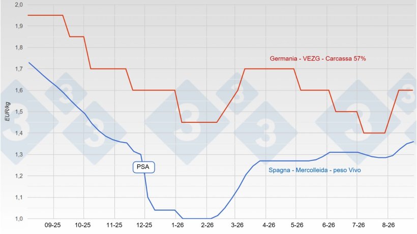 Evoluzione del prezzo del suino in Spagna e Germania nell'agosto 2026.
