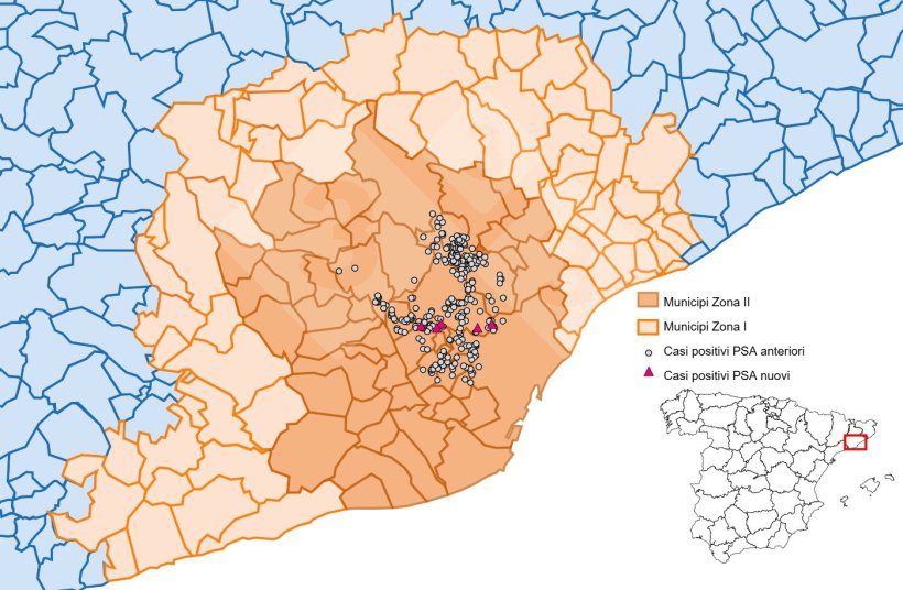 Localizzazione dettagliata dei casi di PSA nei cinghiali rilevati nella zona ristretta II (settimana 36). Fonte: 333 sulla base dei dati MAPA e SVO.