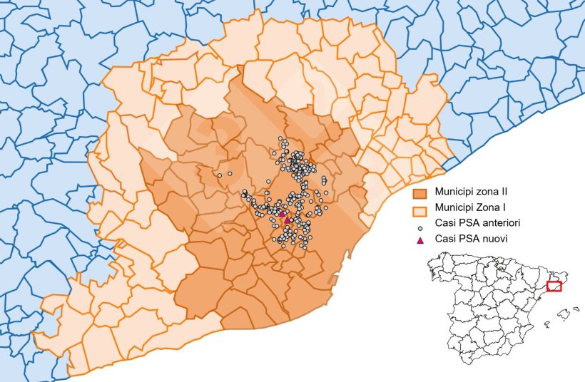 Localizzazione dettagliata dei casi di cinghiali rilevati nella zona ristretta II (Fonte: Dipartimento dell'Agricoltura, Ramaderia, Pesca i Alimentació).
