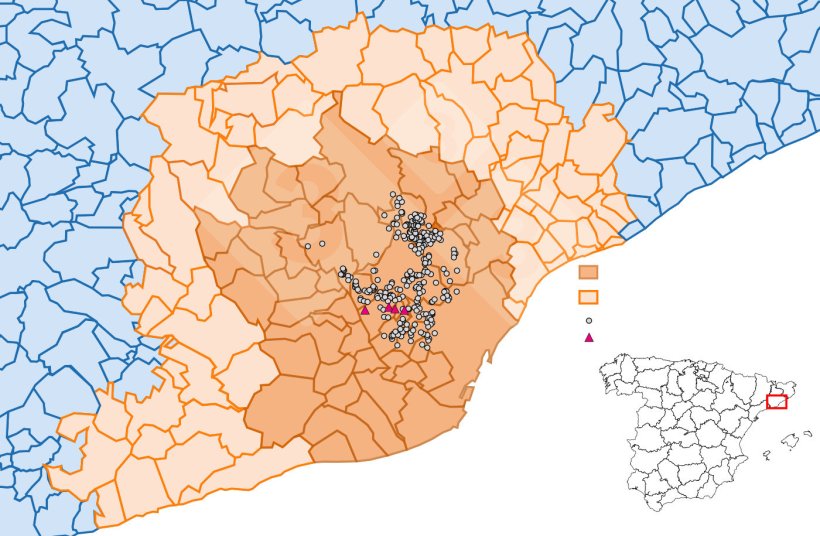 Localizzazione dettagliata dei casi di cinghiali rilevati nella zona ristretta II (Fonte: Dipartimento dell'Agricoltura, Ramaderia, Pesca i Alimentaci&oacute;).
