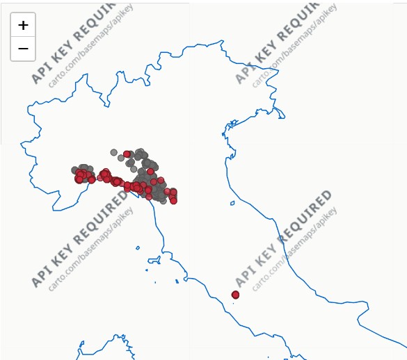 Nell'immagine: in grigio i casi estinti, in rosso i casi confermati nel 2026. Fonte: https://www.izs.it/
