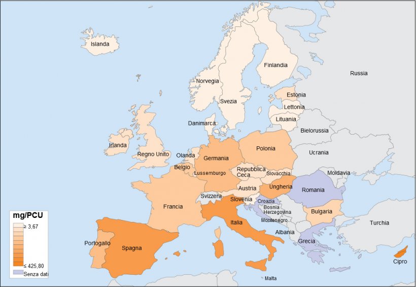 Figura 2. Vendite di antimicrobici in Europa nel&nbsp;2013. Fonte: &quot;Sales of veterinary antimicrobial agents in 26 EU/EEA countries in 2013. Fifth ESVAC report&quot;
