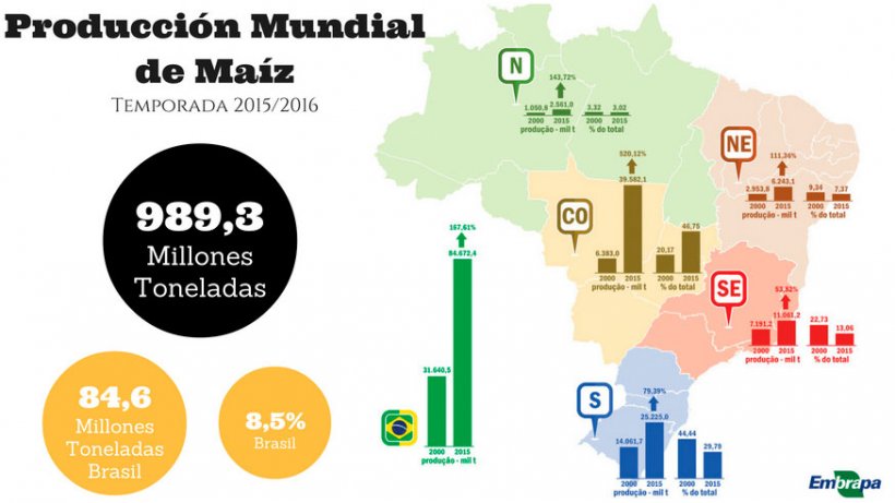 Immagine&nbsp;2. Produzione della soia in Brasile durante la campagna 2015-2016. Fonte: Dipartimento di Avicoltura e Suinicoltura. EMBRAPA. Brasile
