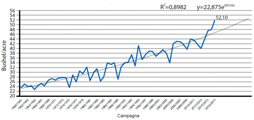 Grafico2. Rese della produzione di soia negli USA. Dato in bushel per ettaro. Fonte: USDA
