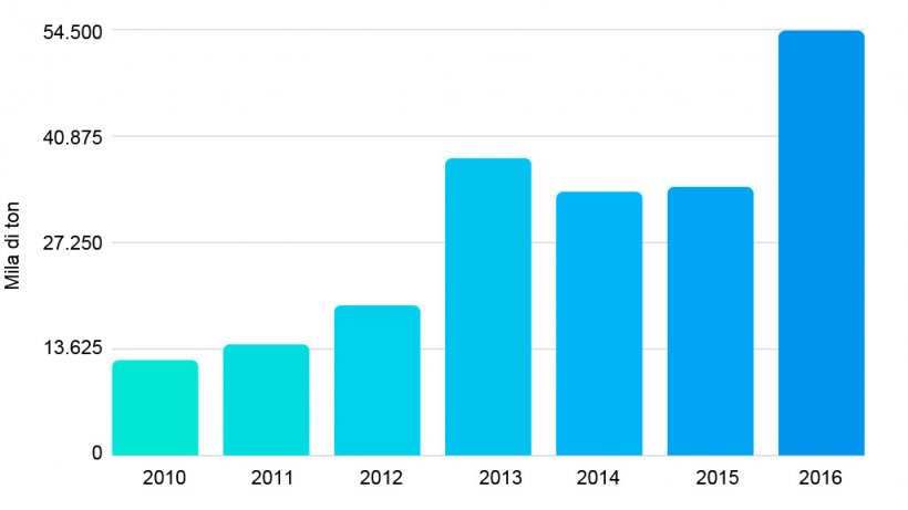 Grafico 3. Importazioni di carni suine tra il 2010 e 2016. Fonte: Ufficio degli Studi e Politiche Agrarie del Cile.
