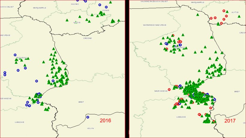 Propagazione della PSA nel territorio della Polonia. (Fonte: OIE)
