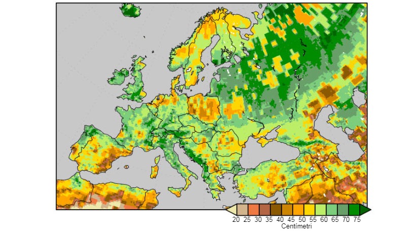 Grafico 3. Umidit&agrave; del suolo misurata come quantit&agrave; di acqua&nbsp;(cm) in&nbsp;2 metri&nbsp;superficiali, al 9 di aprile del 2018. Fonte: National Centers for Environmental Prediction.
